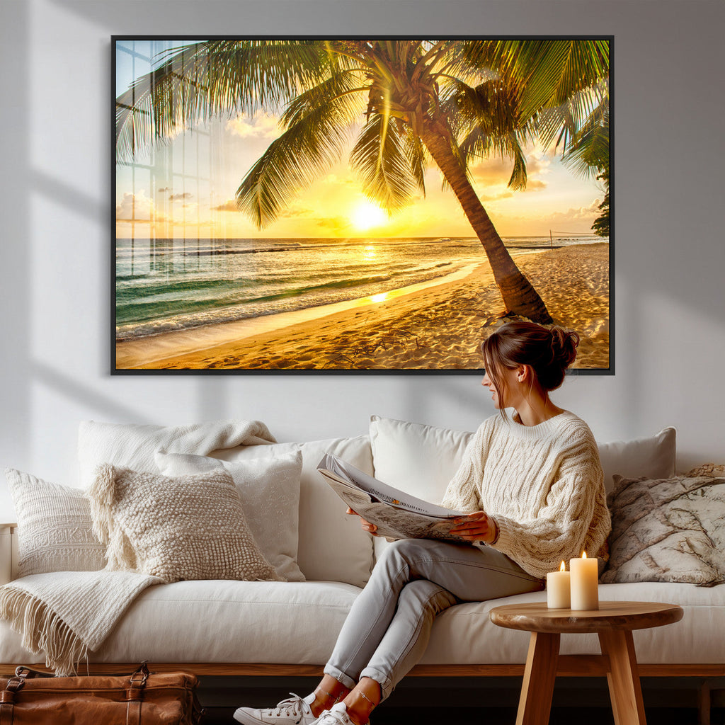 Beach Sunset Canvas Wall Art Print - Tropical Beach Canvas With Palm Trees