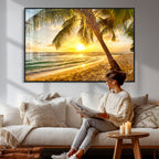 Beach Sunset Canvas Wall Art Print - Tropical Beach Canvas With Palm Trees