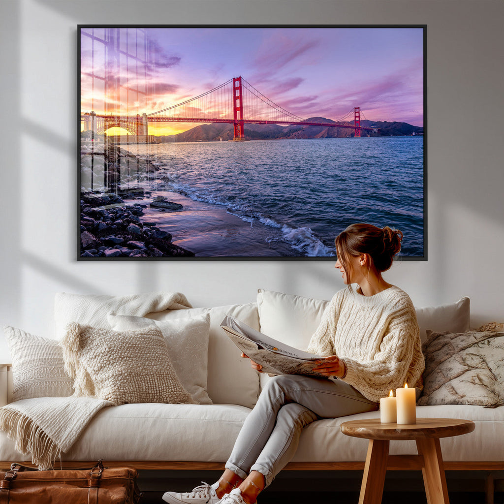 Golden Gate Bridge Wall Art Canvas Print, Framed San Francisco Sunset Landmark