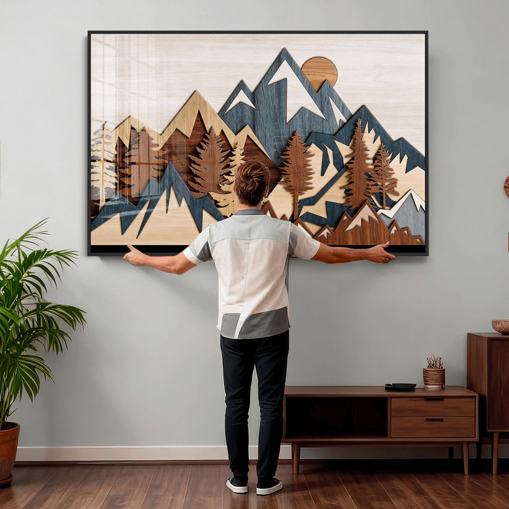 Rustic Abstract Wood Panel Effect Canvas | Mountain Range Top Wood Wall Art Canvas Print