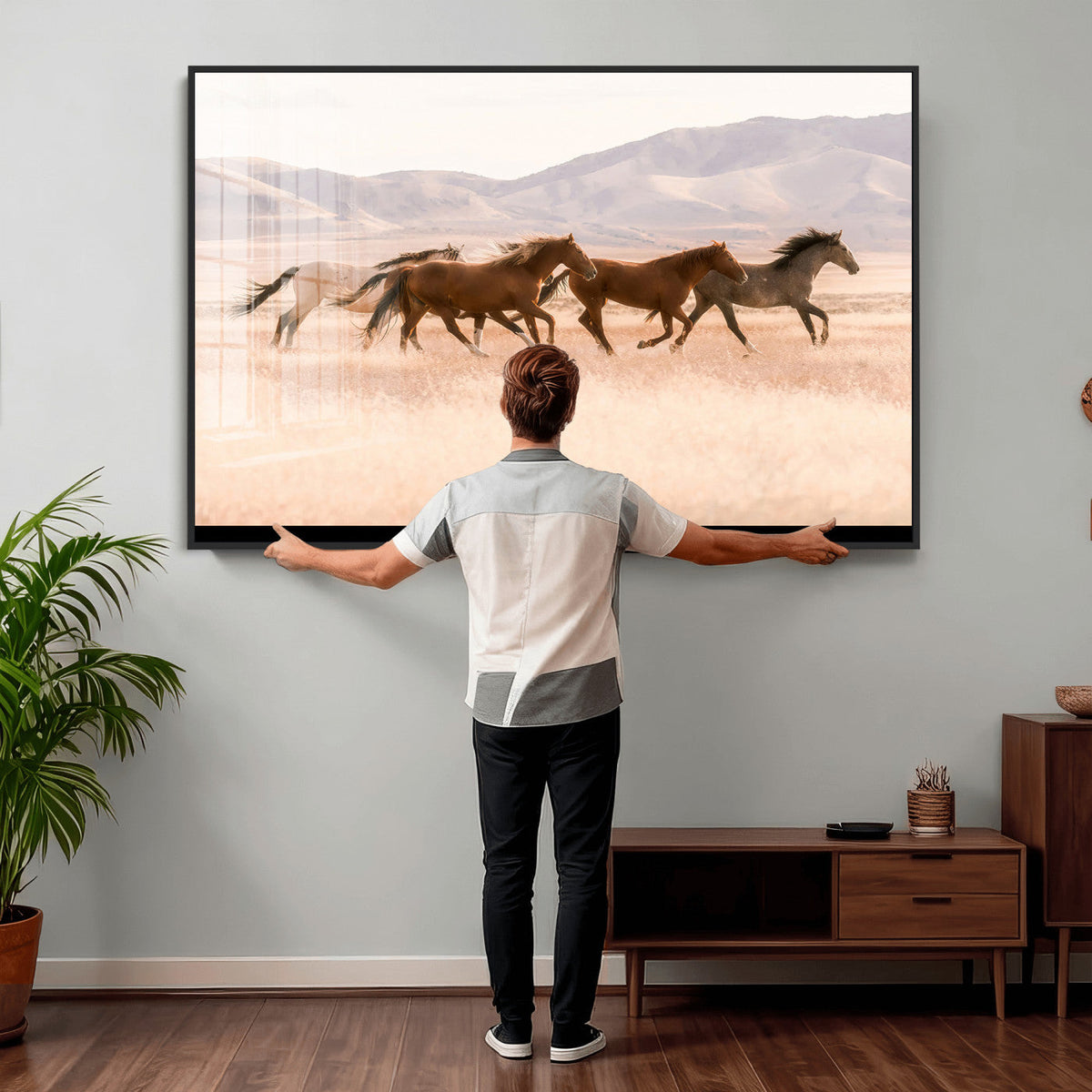 Wild Horse Wall Art Canvas Print, Framed Rustic Western Art, Desert Horse Scene