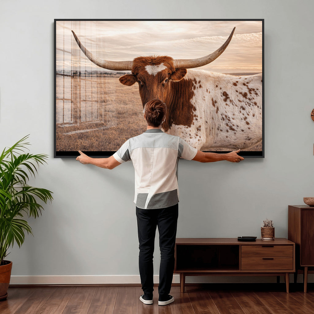 Texas Longhorn Cow Canvas Wall Art, Majestic Bull on a Rustic Western Farm