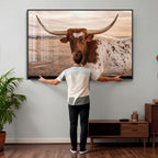 Texas Longhorn Cow Canvas Wall Art, Majestic Bull on a Rustic Western Farm