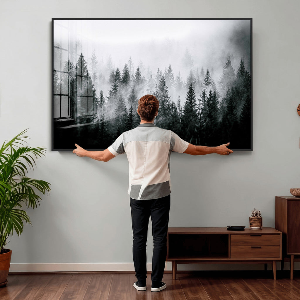 Foggy Forest Wall Art Canvas Print, Mountain Woodland Landscape, Minimal Nature Decor