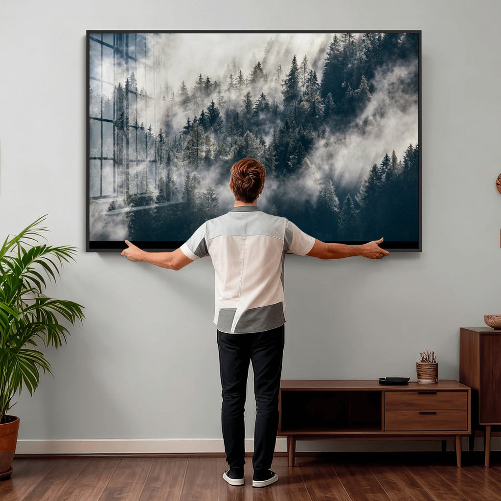 Foggy Mountain Forest Canvas Print, Misty Pine Trees Nature Wall Art