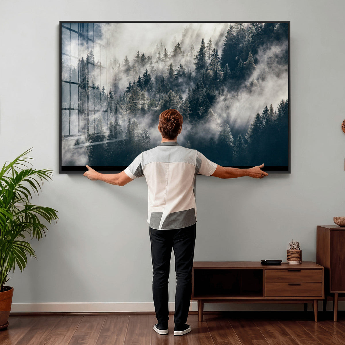 Foggy Mountain Forest Canvas Print, Misty Pine Trees Nature Wall Art