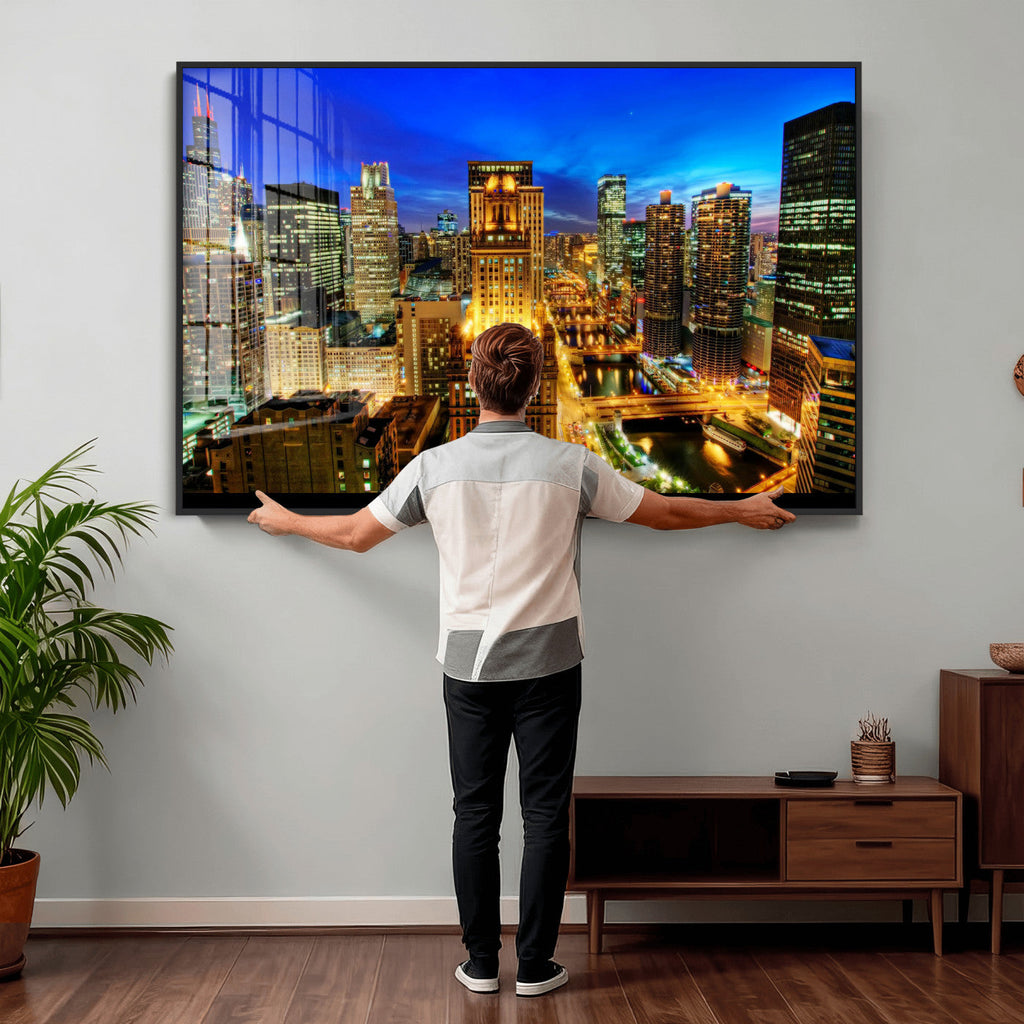 Chicago Wall Art Canvas Print - Chicago City Downtown Night Cityscape