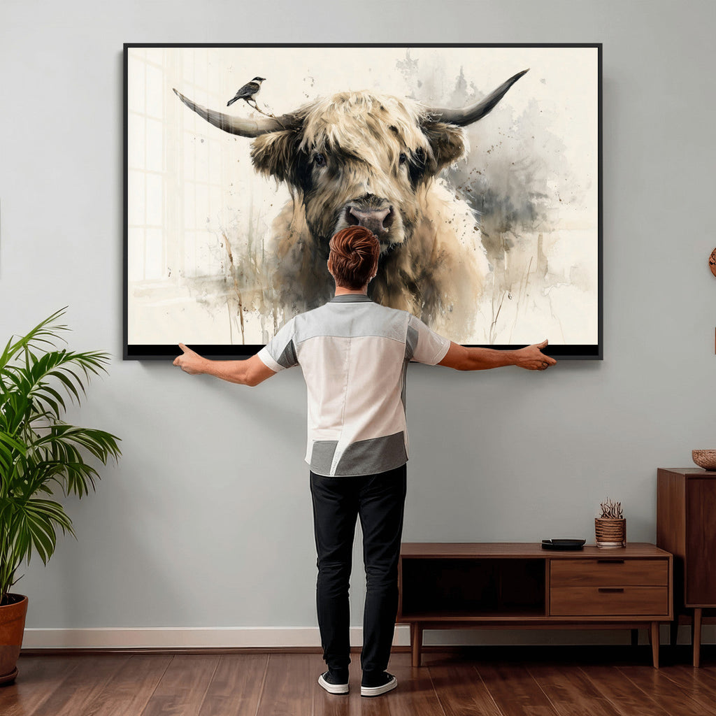 Abstract Highland Cow Wall Art Canvas Print, Rustic Farm Cattle Portrait