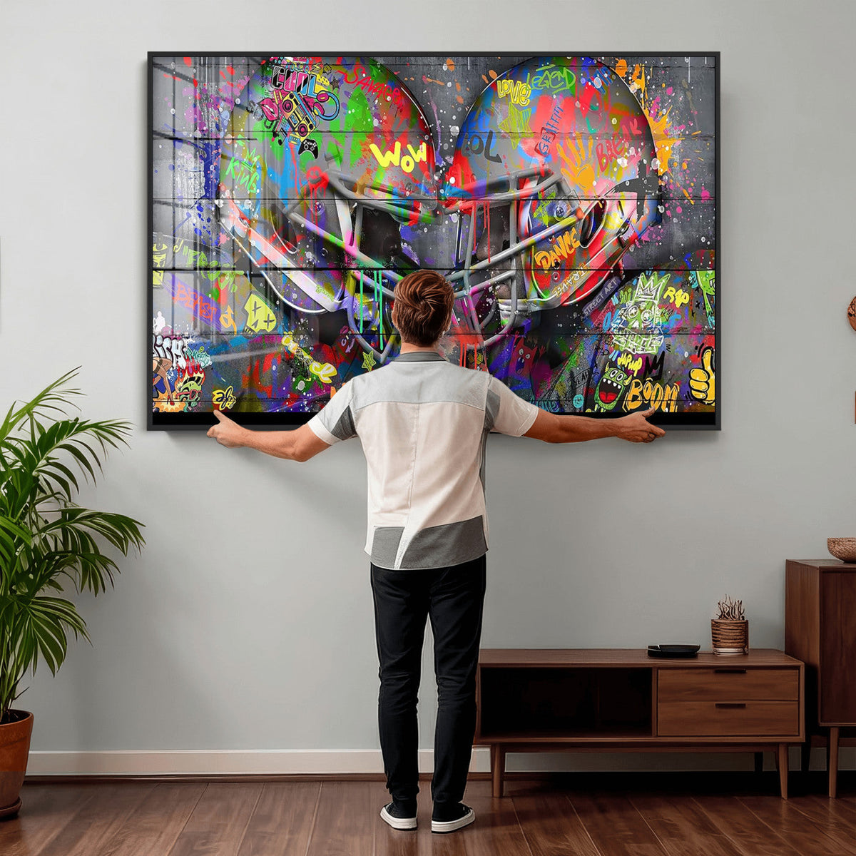Graffiti Football Helmets Wall Art Canvas Print, Urban Street Art