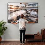 Rocky Coast Ocean Sunset Wall Art Canvas Print, Dramatic Seascape Nature Decor