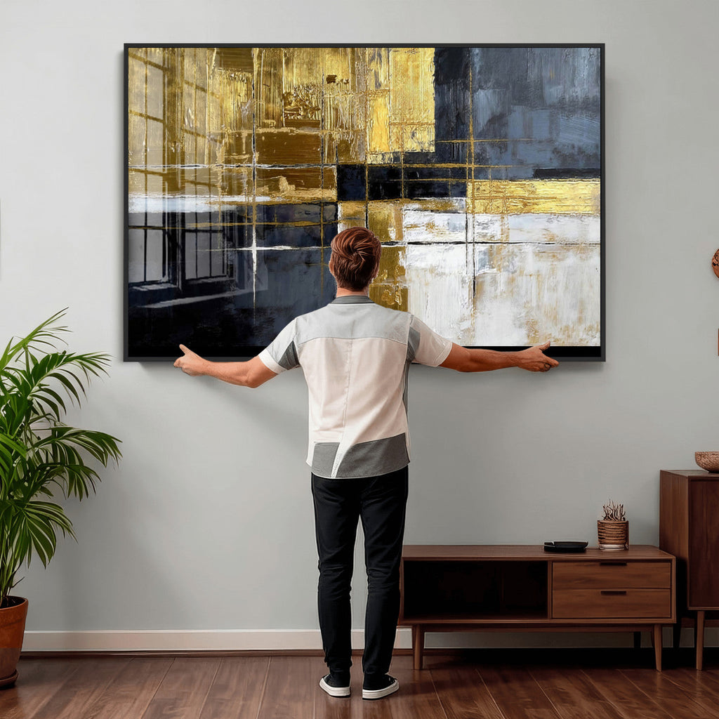 Gold Navy Abstract Wall Art Canvas Print, Modern Luxury Geometric Art for Living Room and Office