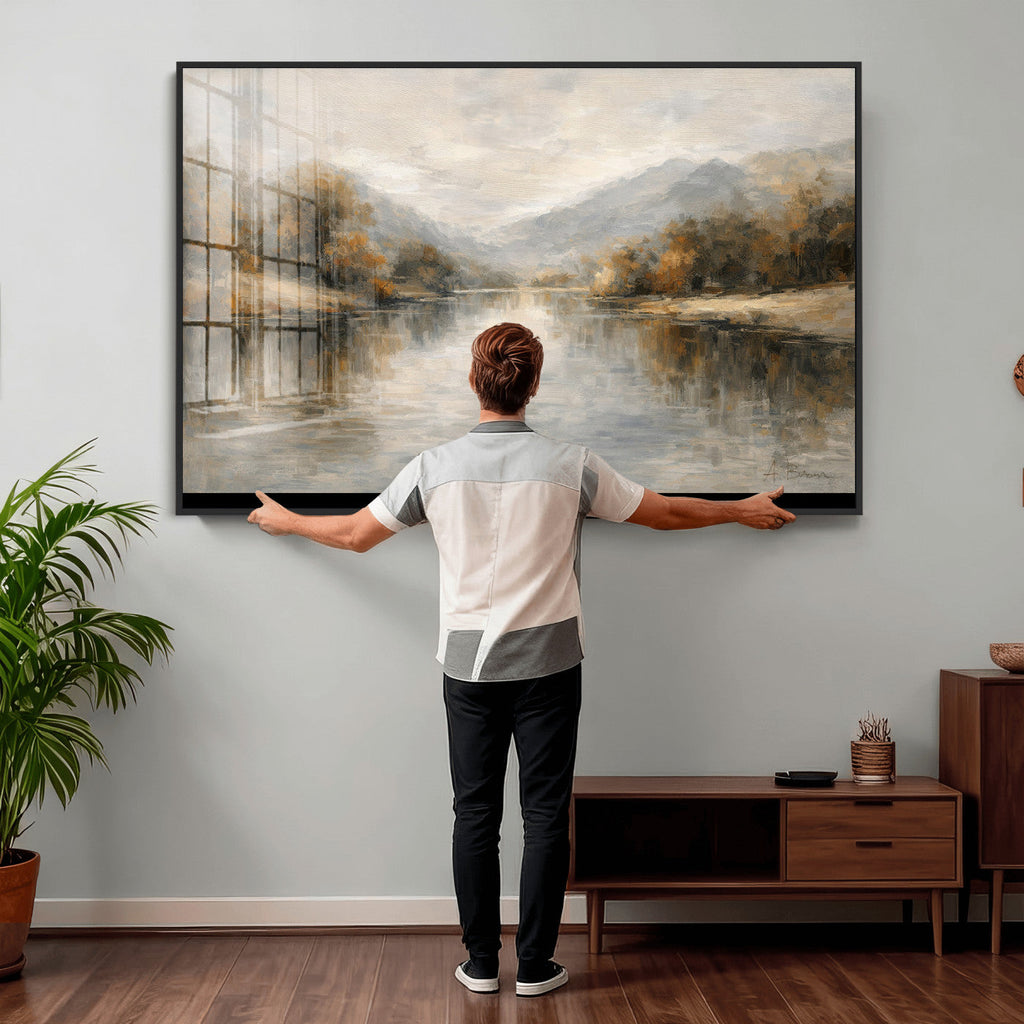 Neutral Abstract River Landscape Wall Art Canvas Print