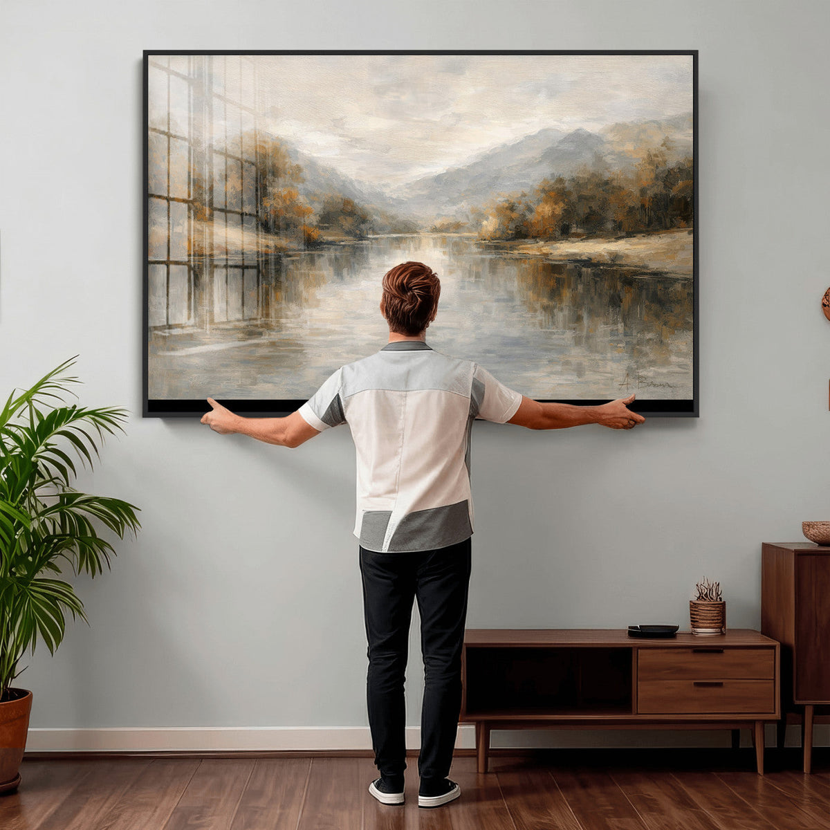 Neutral Abstract River Landscape Wall Art Canvas Print