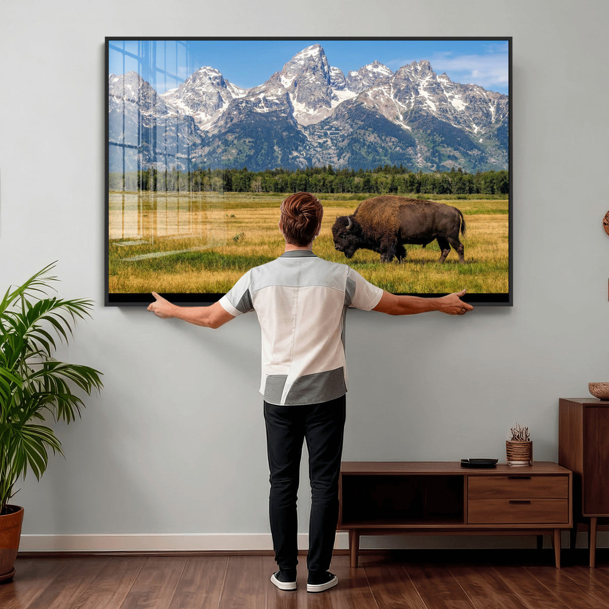 Bison in Mountain Landscape Wall Art Canvas Print, Western Decor
