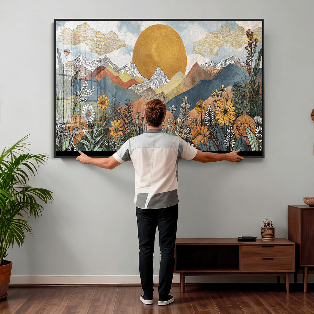 Boho Mountain Landscape Large Wall Art, Horizontal Gold Sun and Flowers Print