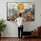 Boho Mountain Landscape Large Wall Art, Horizontal Gold Sun and Flowers Print