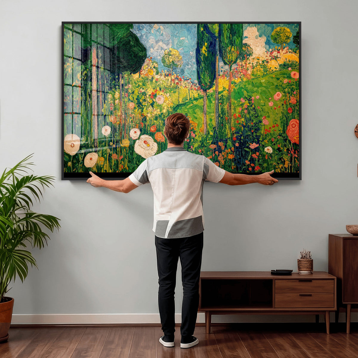 Gustav Klimt Boho Mountain Landscape Large Wall Art, Gold Sun and Flowers Print