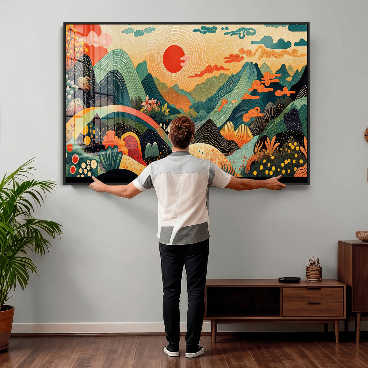 Yayoi Kusama Boho Mountain Landscape Large Wall Art, Gold Sun and Flowers Print