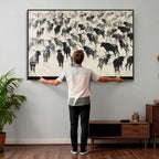 Longhorn Cattle Canvas Wall Art, Black White Stampede Ink