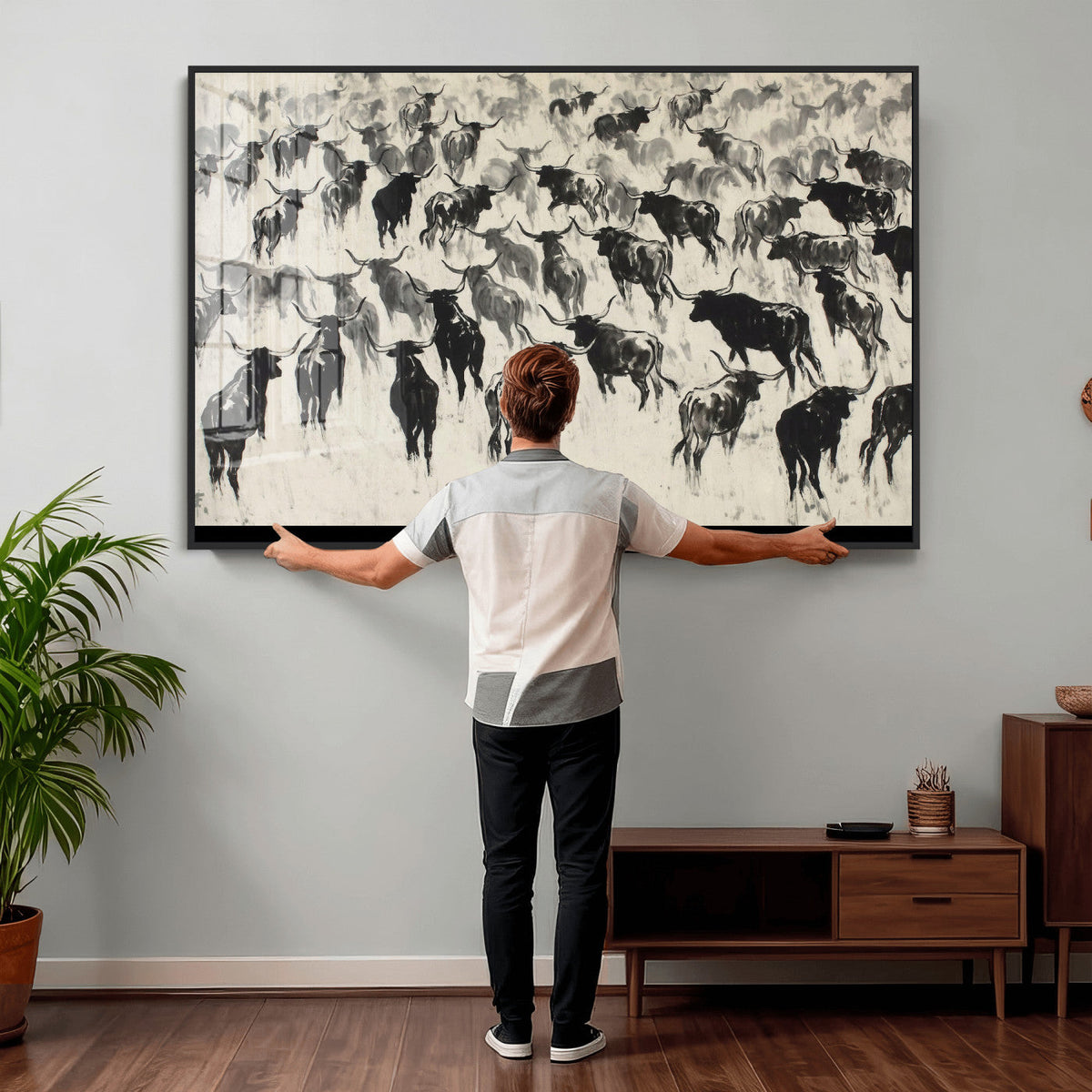 Longhorn Cattle Canvas Wall Art, Black White Stampede Ink