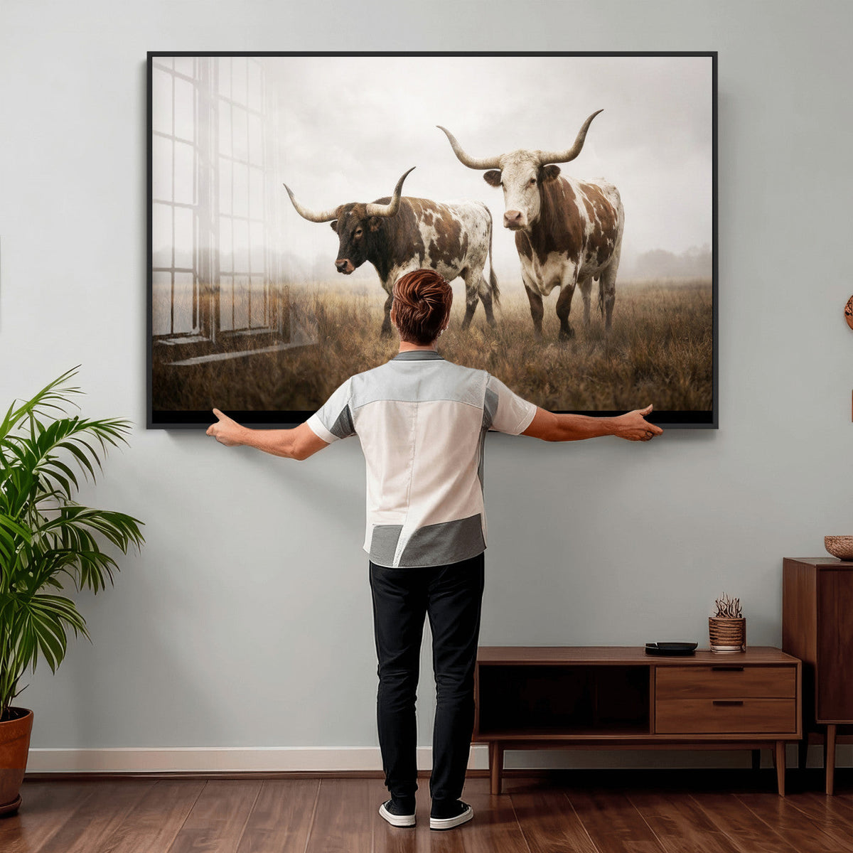 Texas Longhorn Canvas Wall Art Western Bull Desert, Rustic Farmhouse Wall Decor