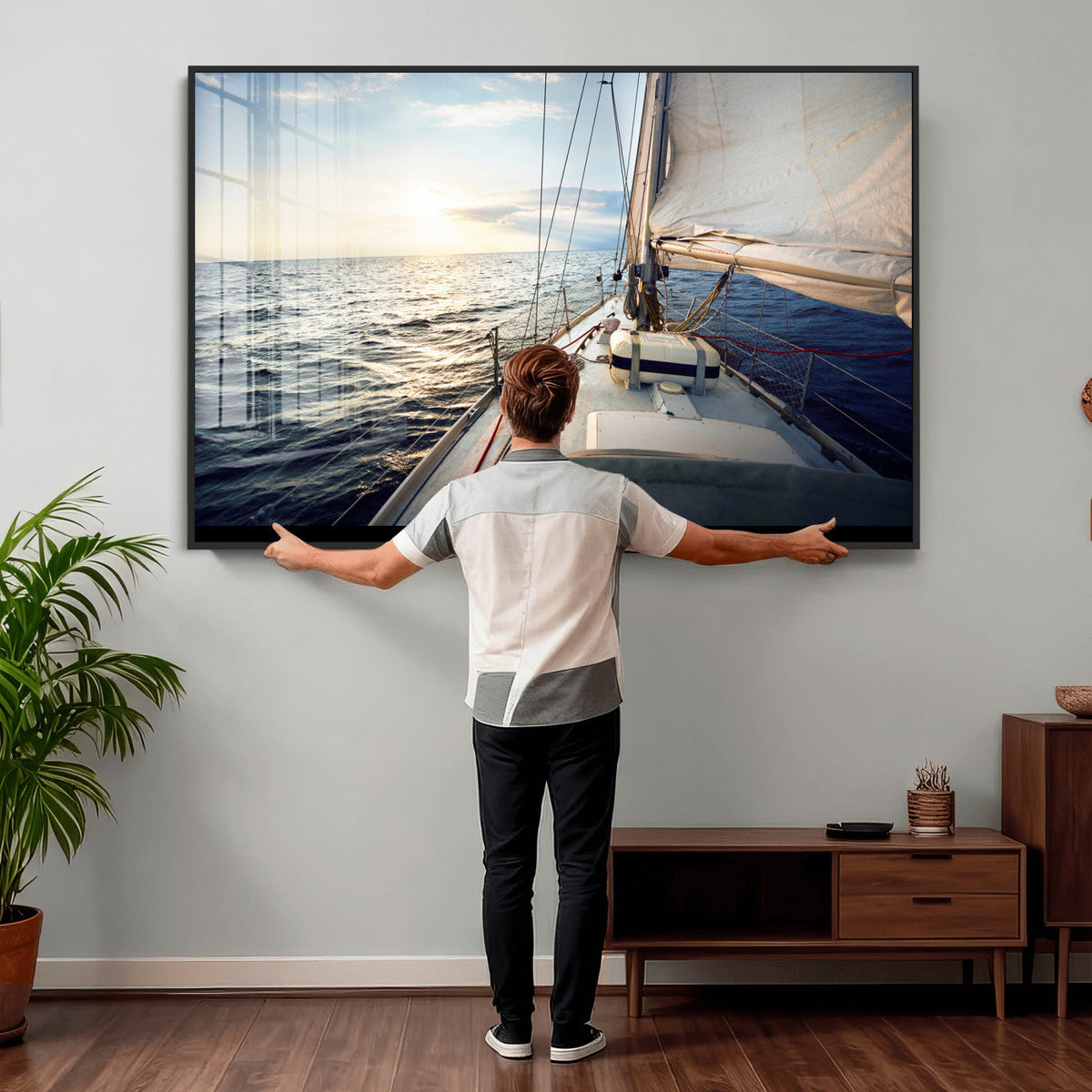 Sailboat Wall Art Canvas Print, Ocean Sunset Sailing Framed Artwork