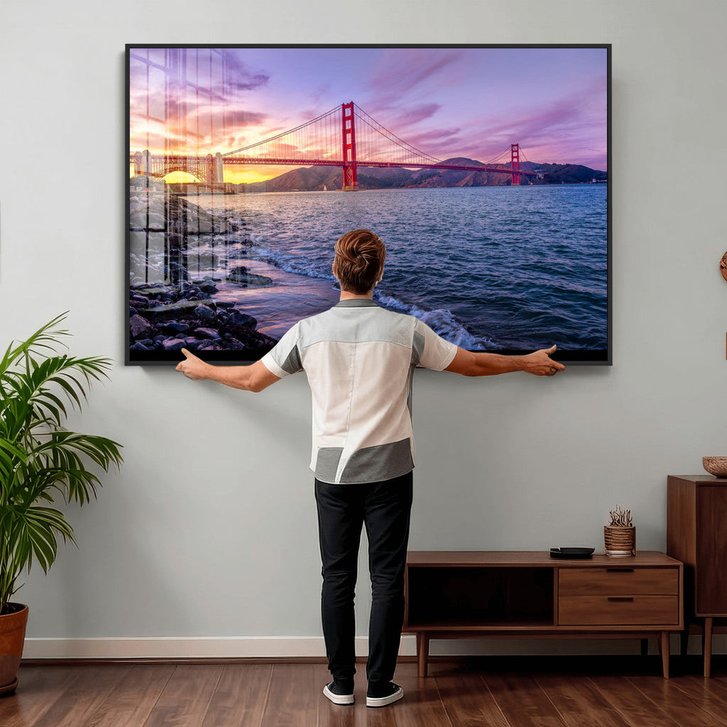 Golden Gate Bridge Wall Art Canvas Print, Framed San Francisco Sunset Landmark