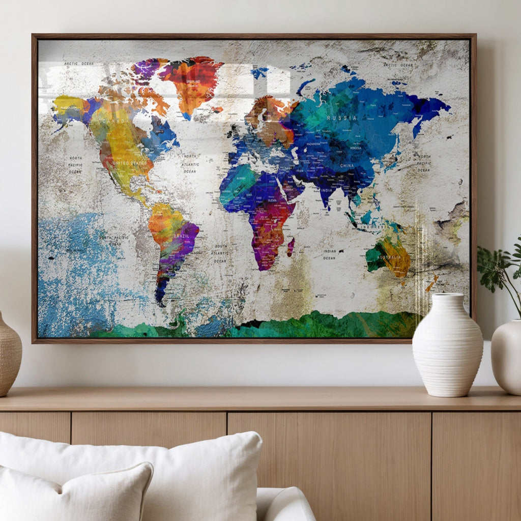 Navy Blue and Orange Watercolor World Map Canvas Print | Framed Travel Map