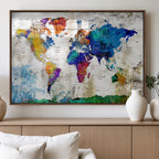 Navy Blue and Orange Watercolor World Map Canvas Print | Framed Travel Map