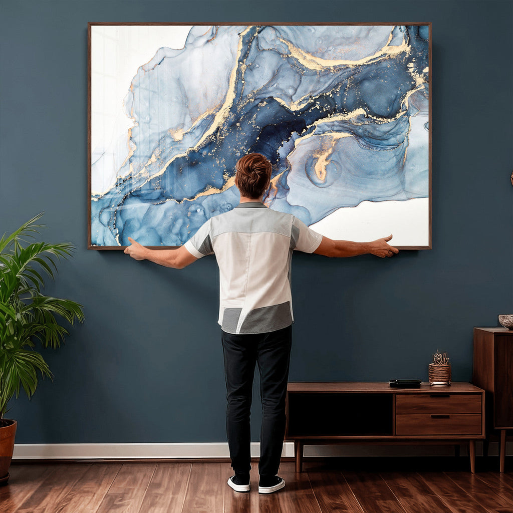 Blue Abstract Canvas Wall Art Print | Fluid Marble Effect Abstract Art