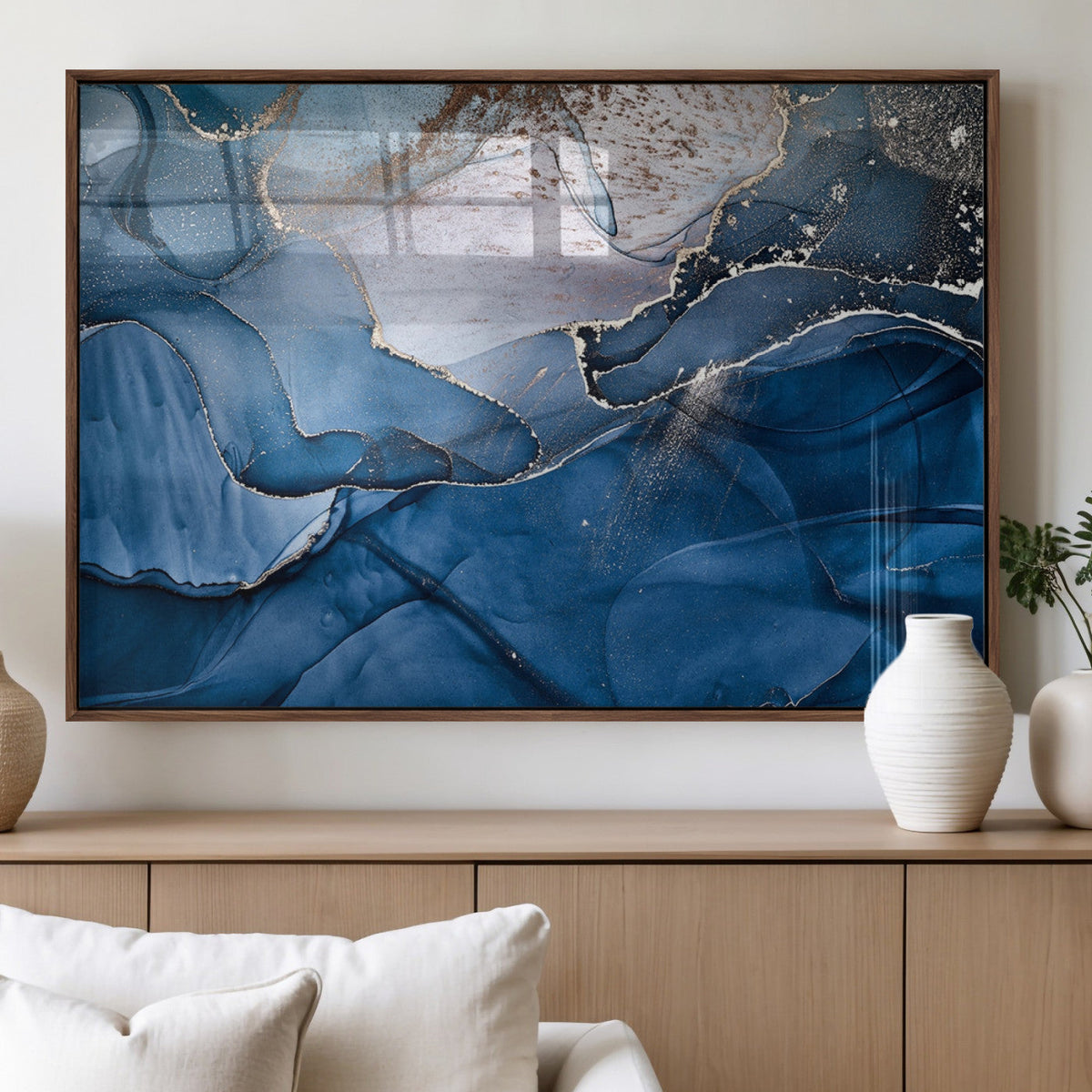 Navy Blue Canvas Art Abstract Print | Elegant Triptych Modern Art