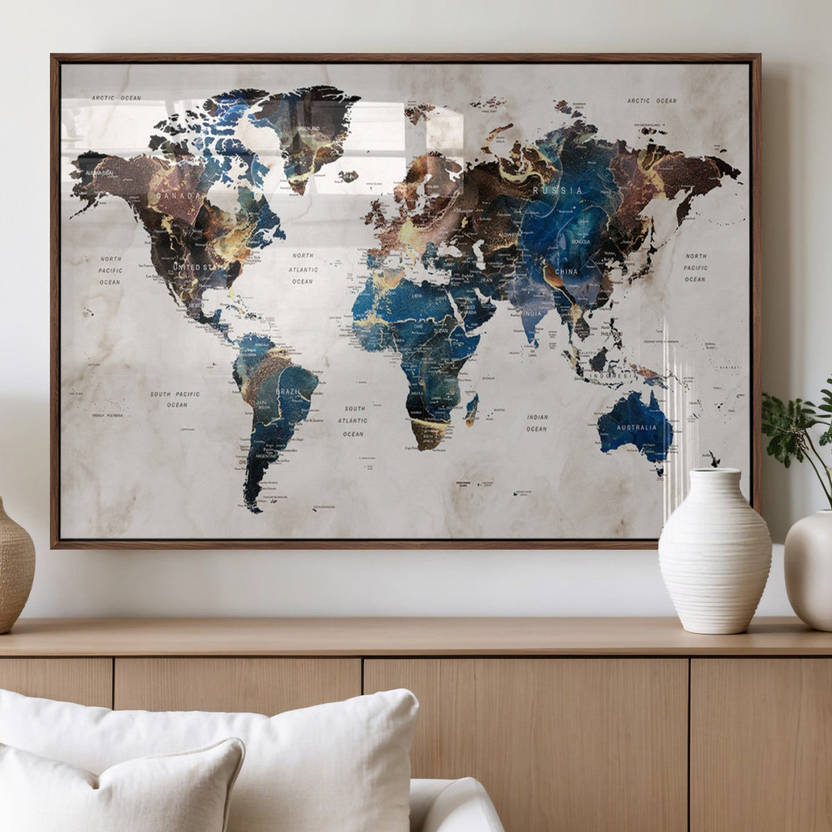 Abstract Earth Tone Blue World Map Canvas Print | Framed Travel Map Wall Art