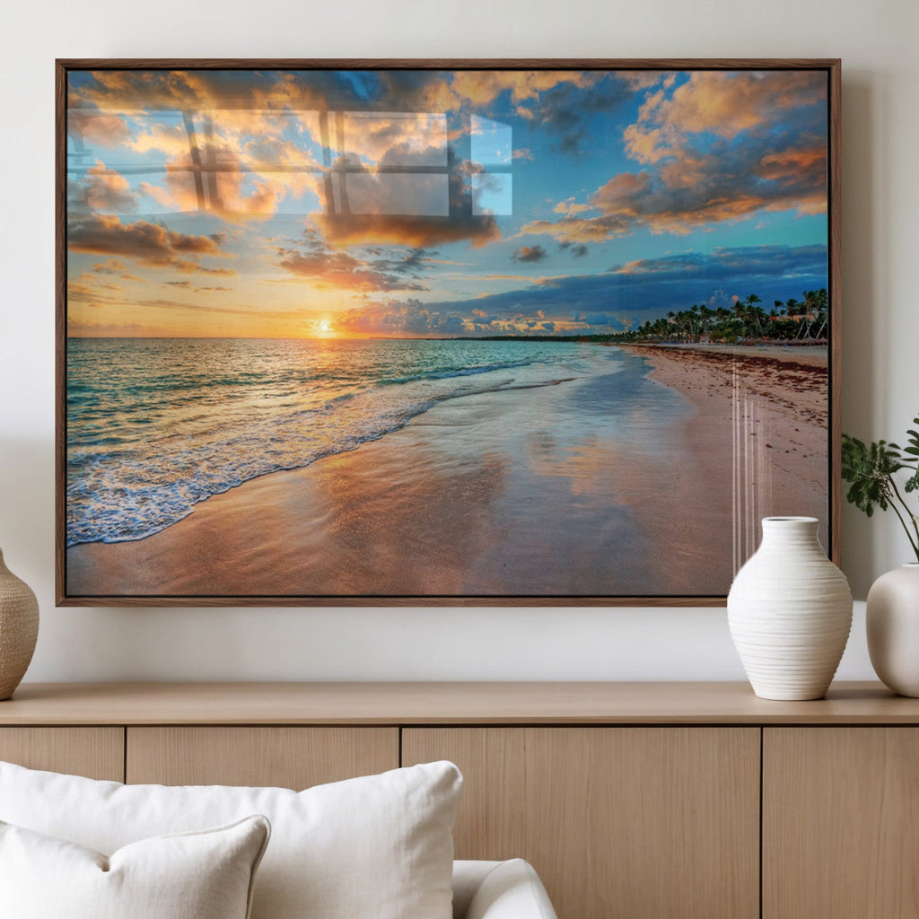 Sunset Beach Canvas Wall Art | Tropical Triptych Seascape Print