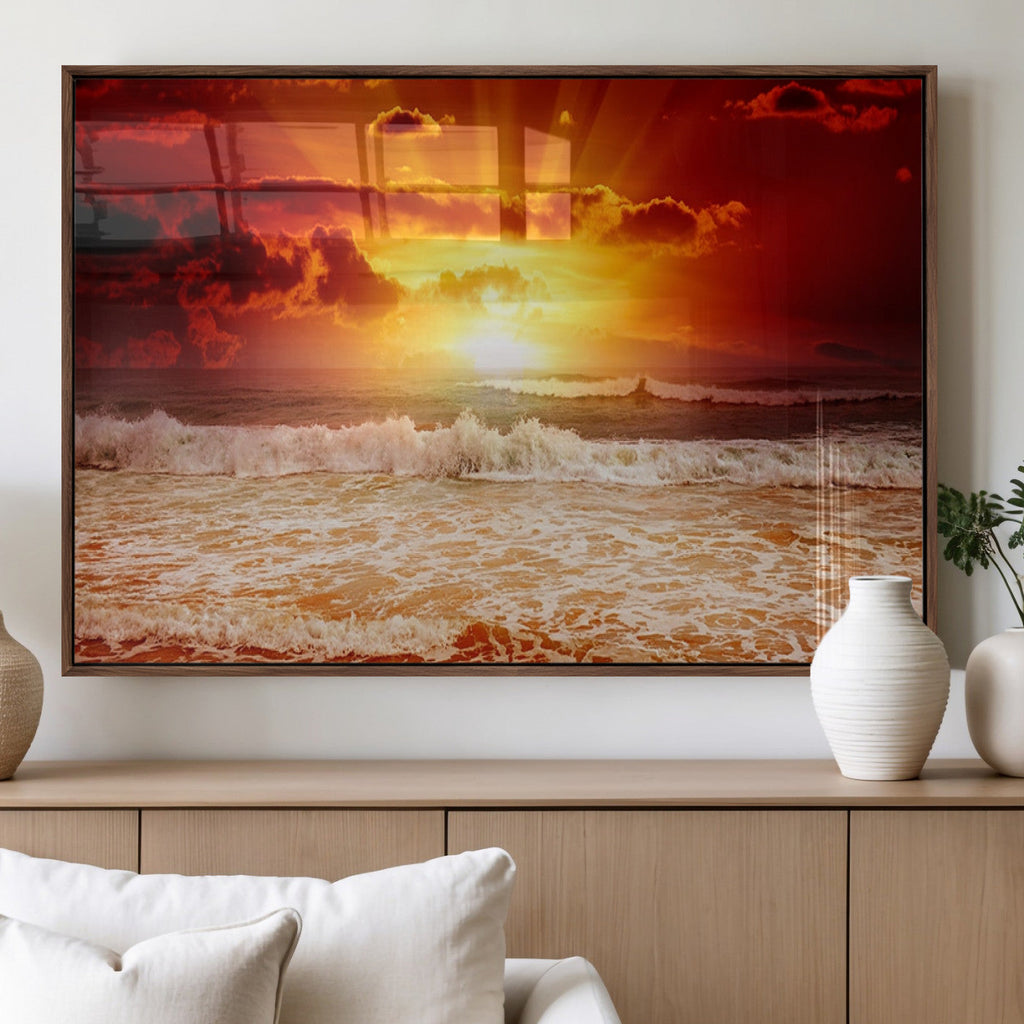 Red Sunset Ocean Beach Canvas Wall Art, Coastal Sunset Print