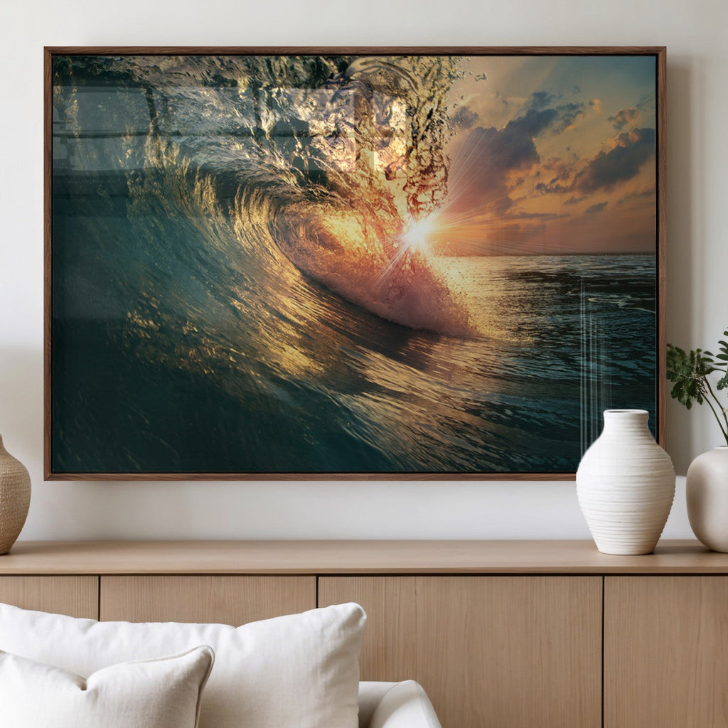 Ocean Wave Sunset Canvas Wall Art | Triptych Seascape Print