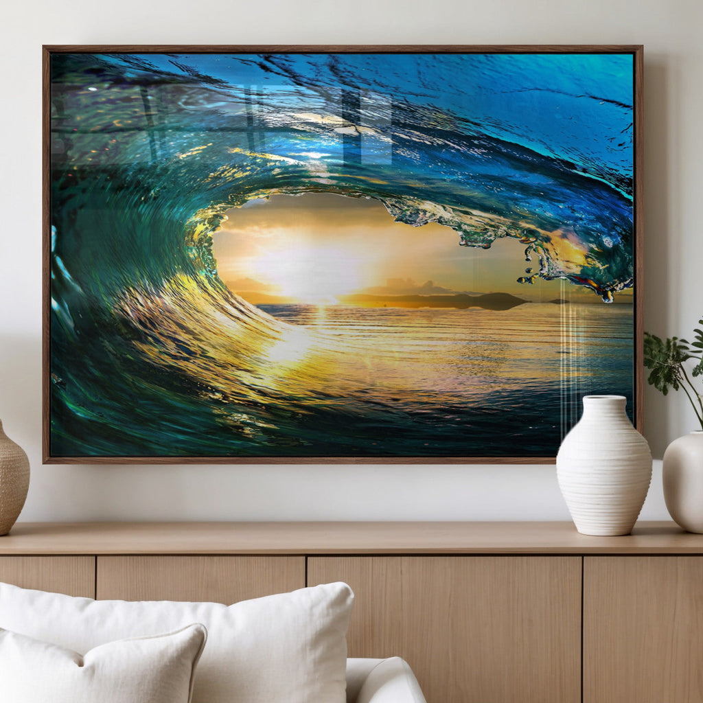 Ocean Wave at Sunset Canvas Art, Large Wall Print of Vibrant Surfing Wave