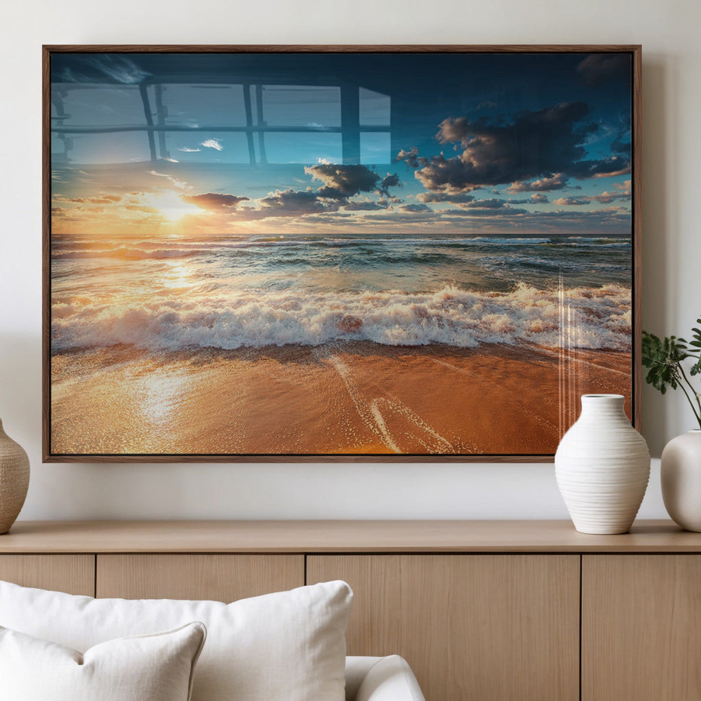 Golden Sunset Beach Triptych Canvas Art, Giclee Coastal Wall Decor, Ocean Waves Print