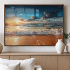Golden Sunset Beach Triptych Canvas Art, Giclee Coastal Wall Decor, Ocean Waves Print