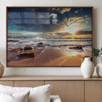 Golden Hour Beach Sunset Canvas Triptych, Ocean Waves and Rocks Wall Art