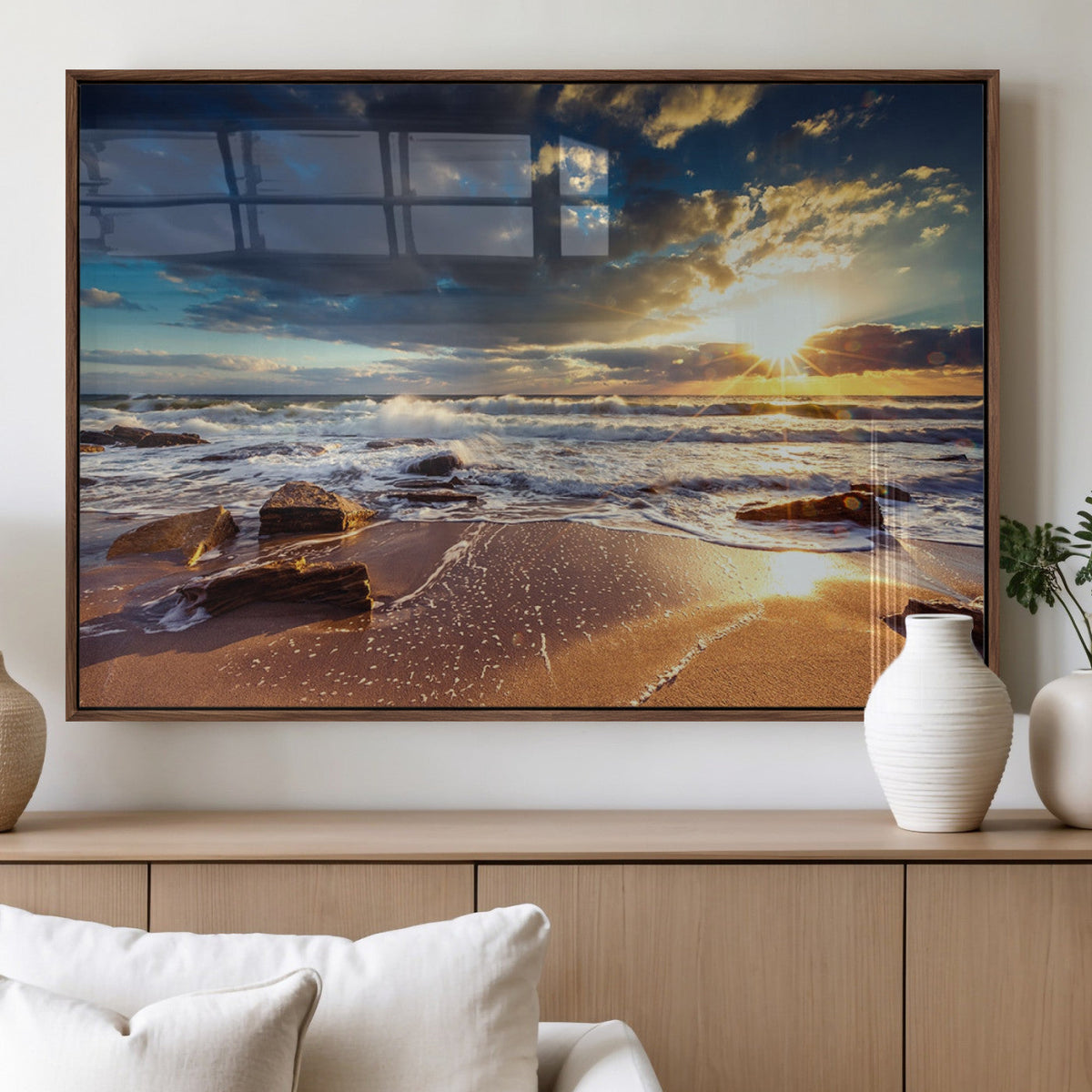 Golden Hour Beach Sunset Canvas Triptych, Ocean Waves and Rocks Wall Art