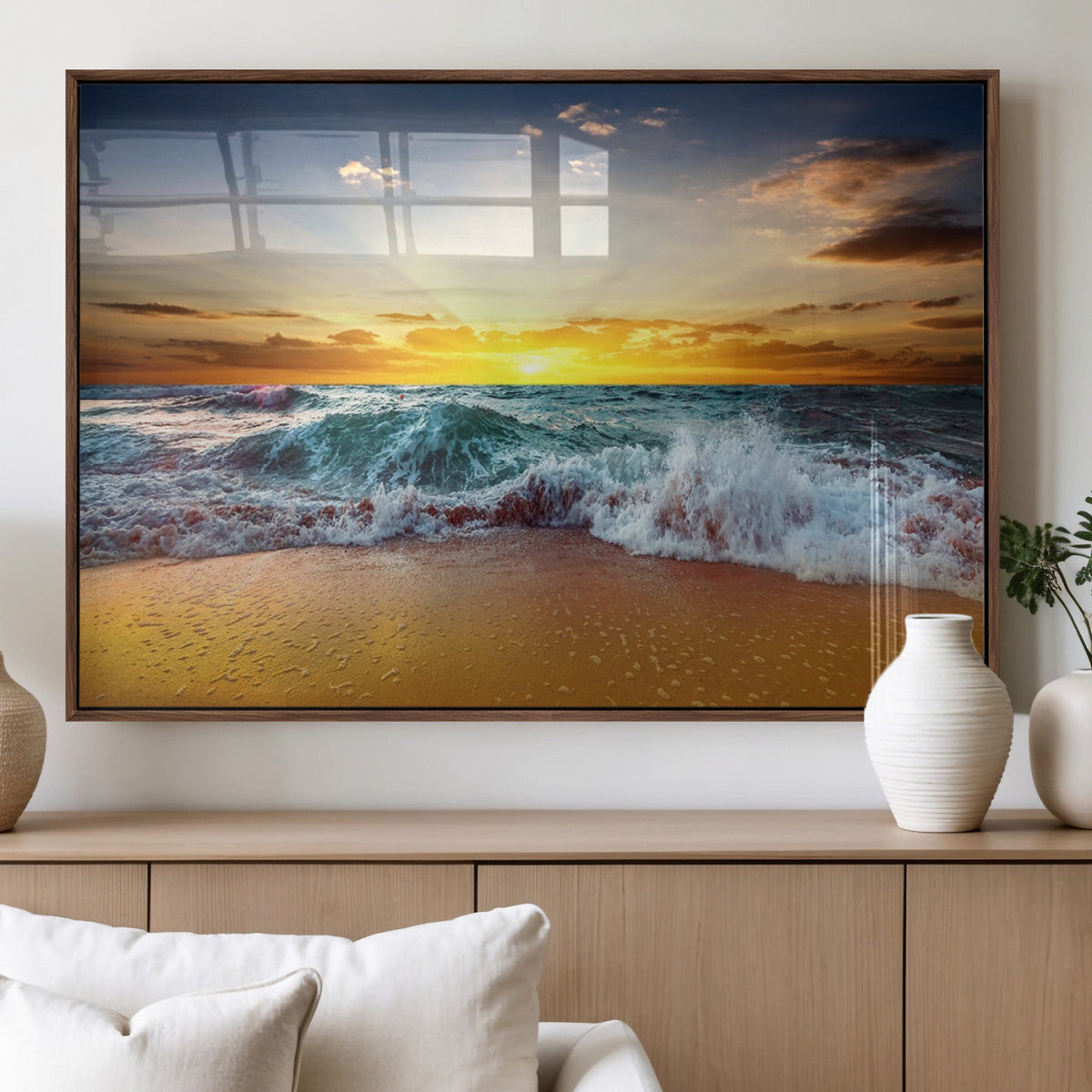 Golden Sunset Ocean Waves Wall Art Canvas Print | Multi Panel Beach Canvas Set, Coastal Triptych