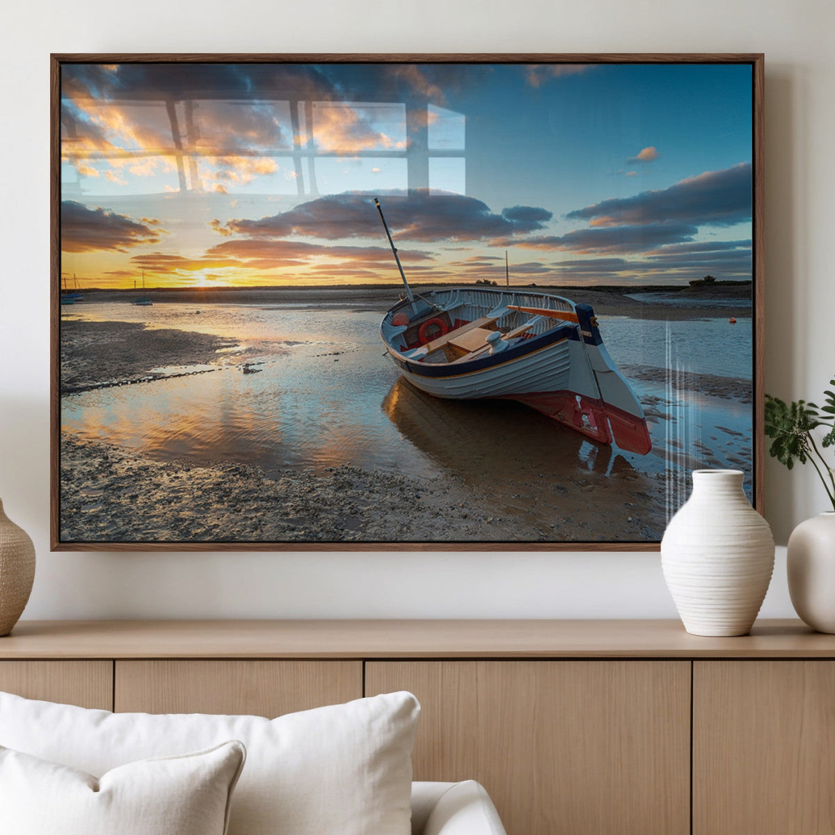 Small Boat At The Beach Sunset Wall Art, Boat Sunset Wall Art Canvas Print