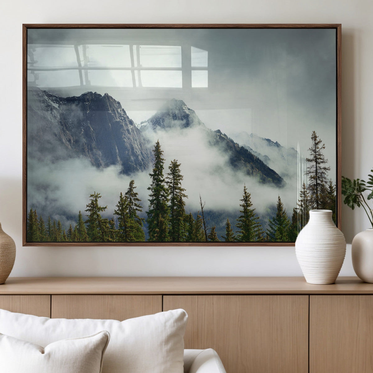 Mountain Mist Canvas Wall Art Print | 3-Panel Foggy Forest and Mountain Landscape