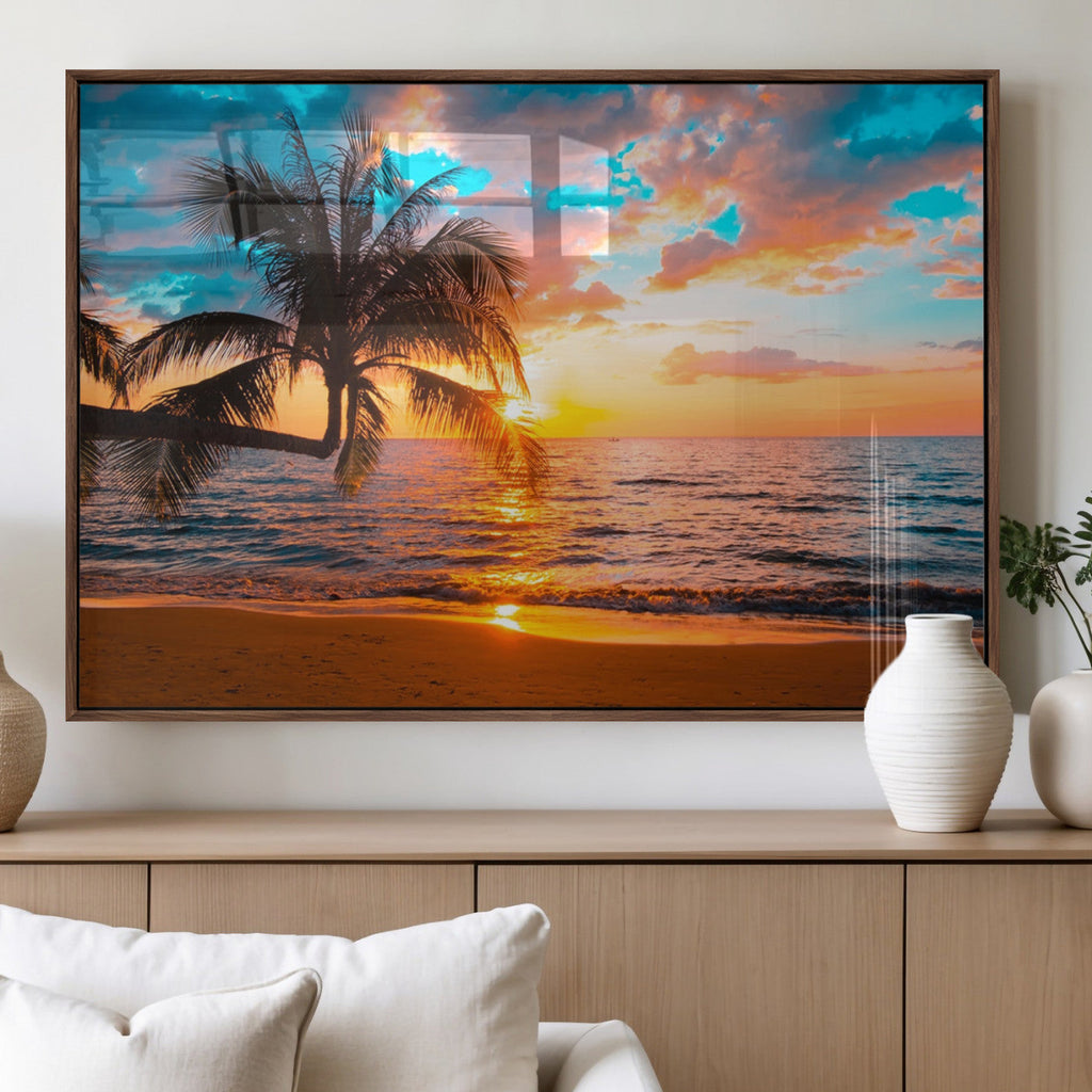 Palm Tree Sunset On The Beach Wall Art Canvas, Framed Palm Tree Sunset Canvas Print