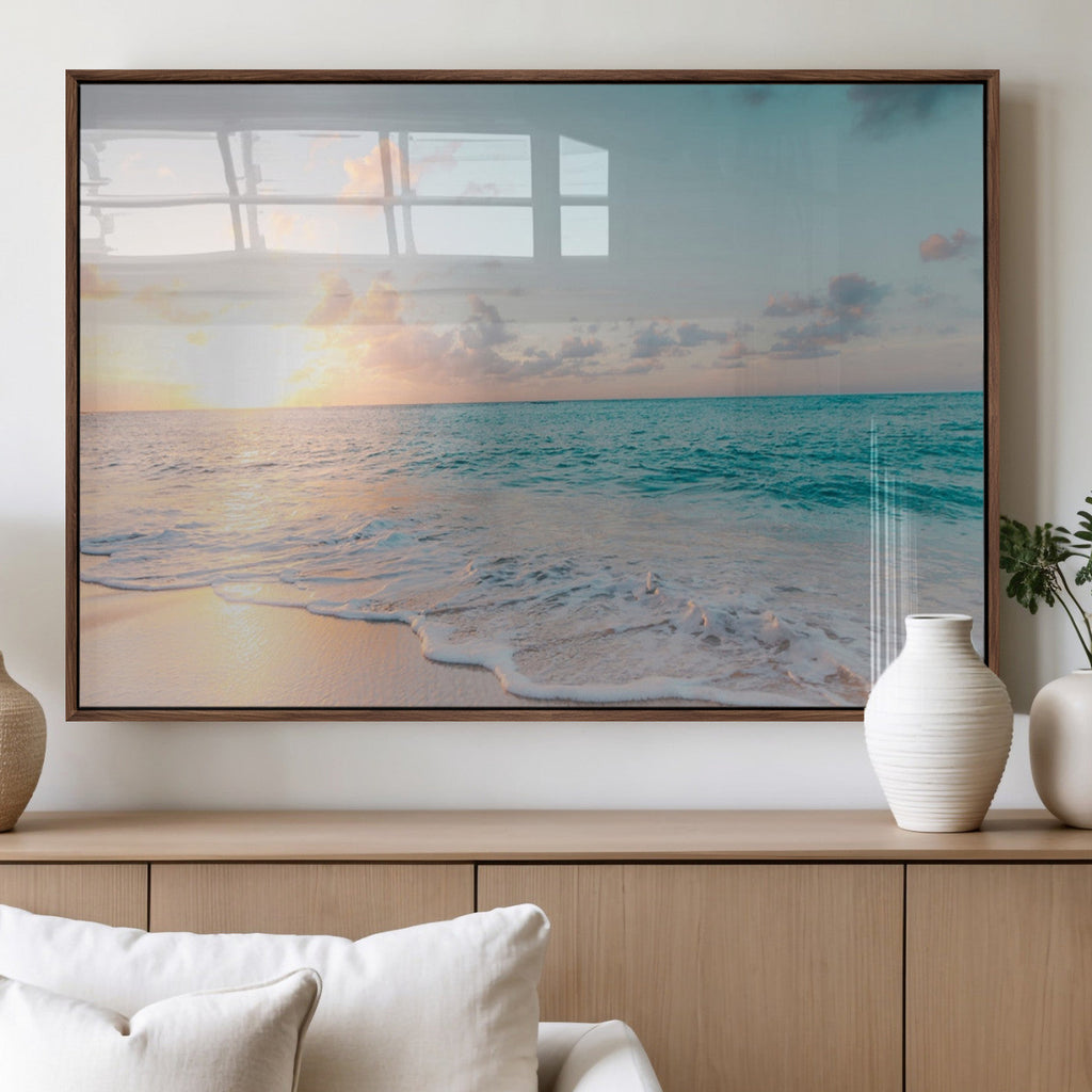 Tranquil Ocean Beach Sunset Canvas Wall Art | 3-Panel Coastal Decor
