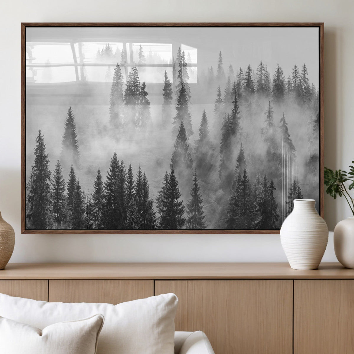 Forest Wall Art Print | Foggy Pine Forest Canvas Wall Art, Black and White Nature Decor