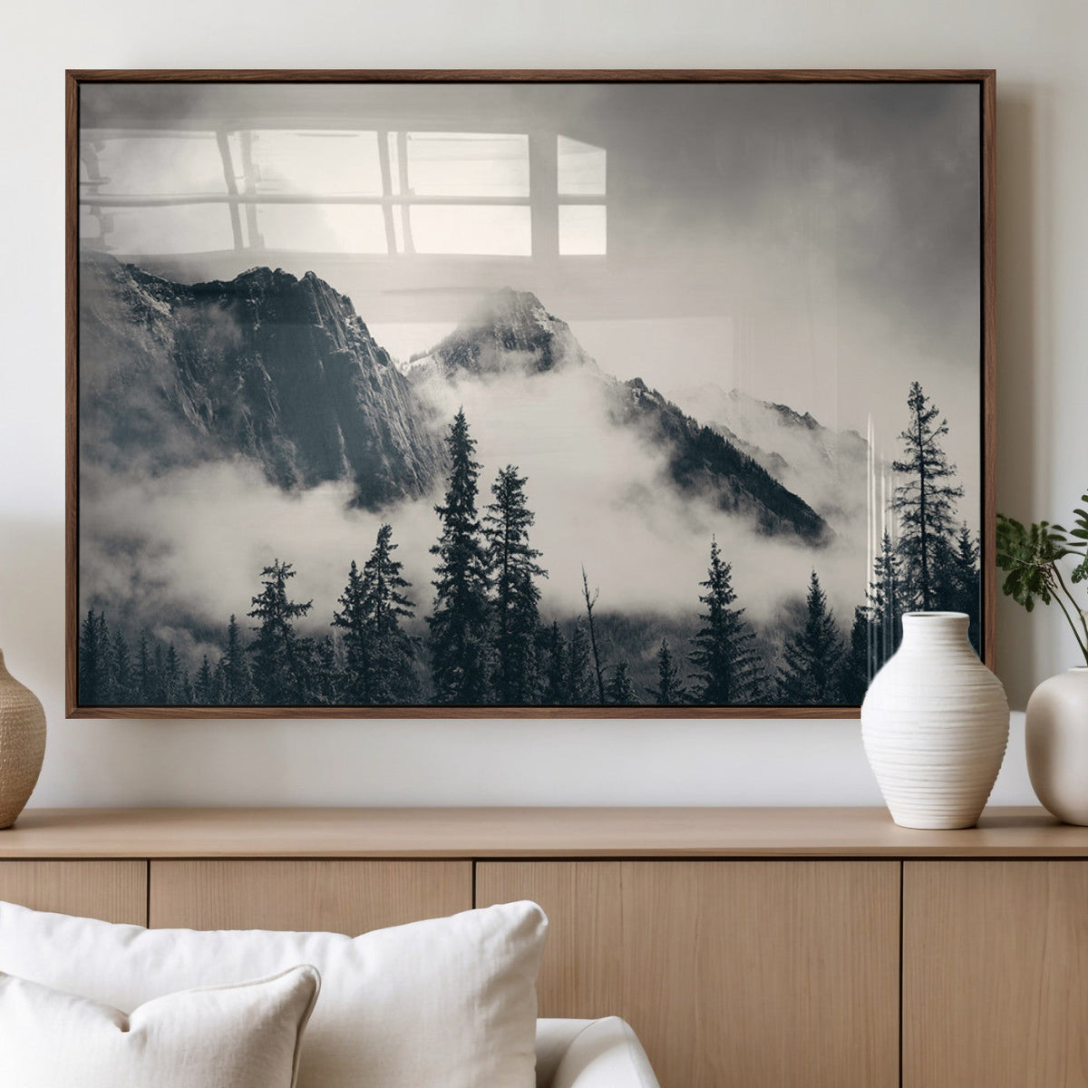 Forest Mountain Print | Black and White Canvas Wall Art with Misty Forest Design