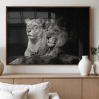Lion Couple Wall Art Canvas Print, Elegant Black and White Wildlife Portrait