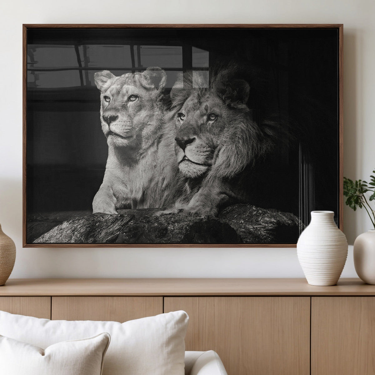 Lion Couple Wall Art Canvas Print, Elegant Black and White Wildlife Portrait