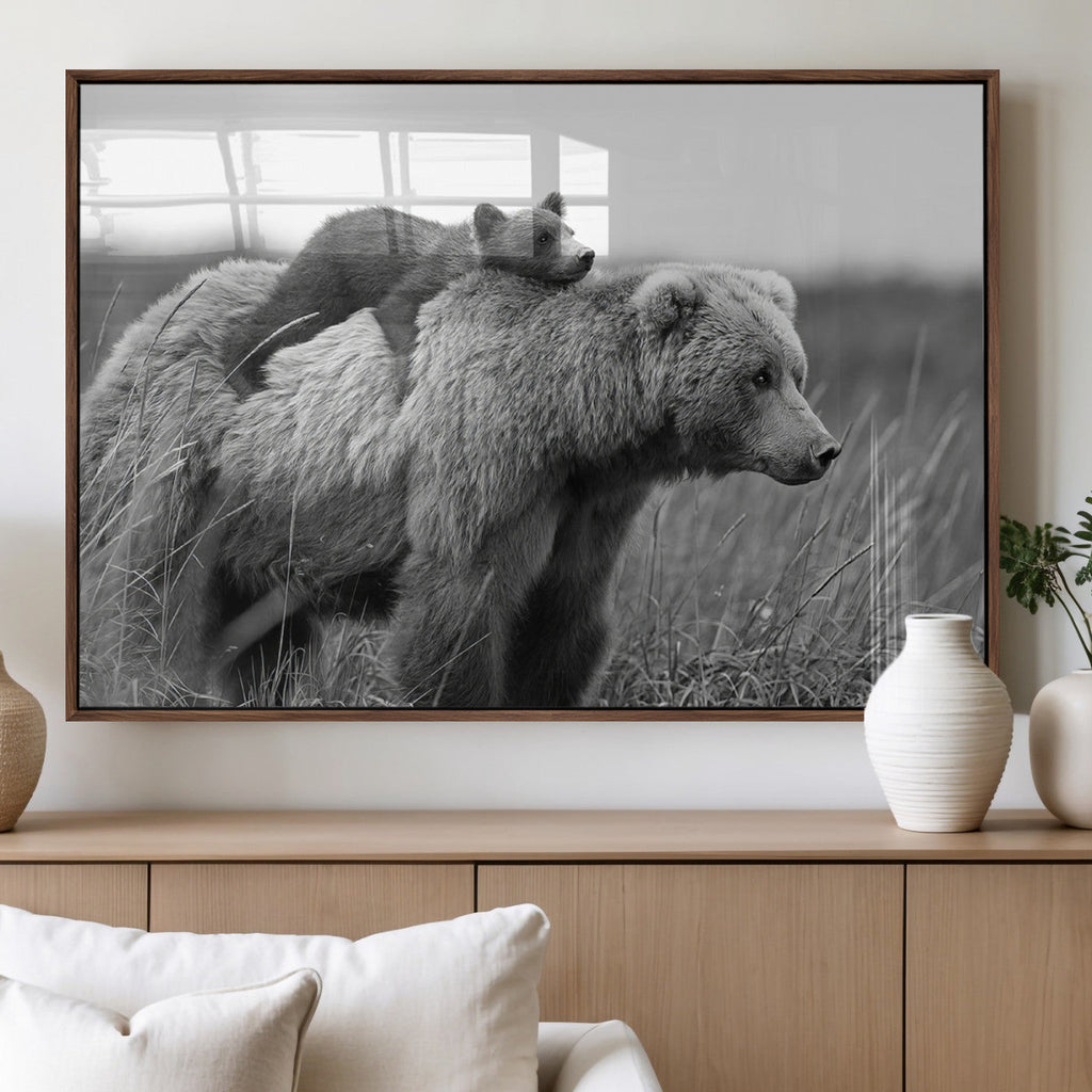Bear and Cub Wall Art Canvas | Grizzly 399 Bear and Cub Black and White Wildlife Print